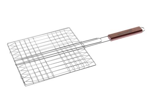 Mustang Grillkorb Stahl 55×28 cm - Draufsicht auf weißem Hintergrund, rechteckiges Gitter mit Holzgriff