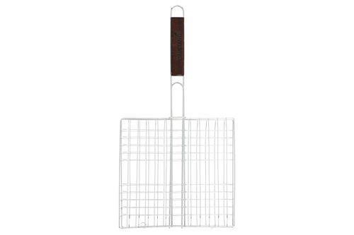Mustang Grillkorb Stahl 55×28 cm - Frontansicht hochkant auf weißem Hintergrund, Holzgriff oben
