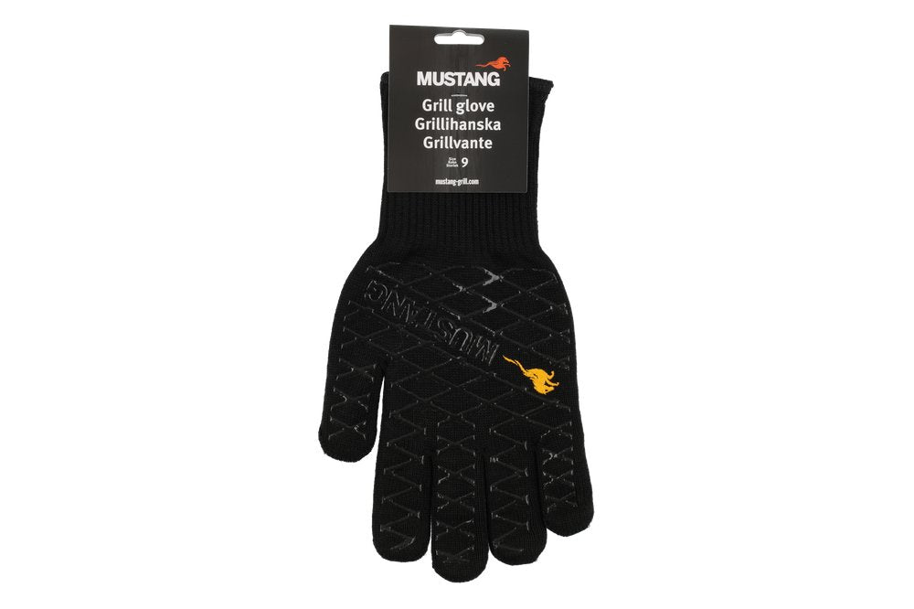 Mustang Grillhandschuh Originalverpackung - schwarzer Aramid-Handschuh, Größe 9, Mustang Grill Logo, weißer Hintergrund