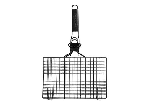Mustang Grillkorb Antihaft 36×35 cm - schwarzes Stahlgitter mit abnehmbarem Holzgriff, Frontansicht auf weißem Hintergrund