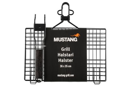 Mustang Grillkorb 36×35 cm - Originalverpackung mit Mustang Logo, schwarzes Gitter mit seitlichem Aufsatz
