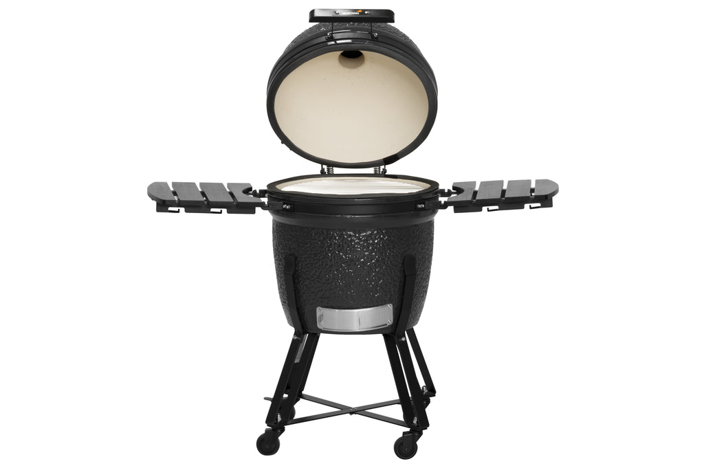 Mustang Kamado Grill 21 Zoll - Seitenansicht mit Rahmen und Rollen