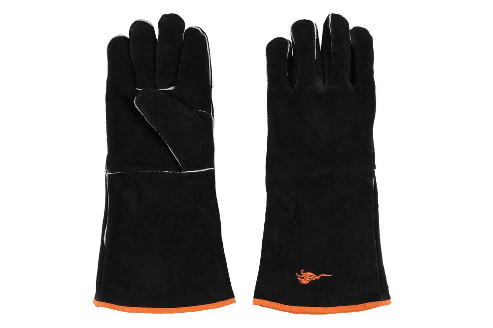 Mustang Leder-Grillhandschuhe 1 Paar - Vorder- und Rückansicht, schwarzes Echtleder mit orangem Rand und Mustang Logo