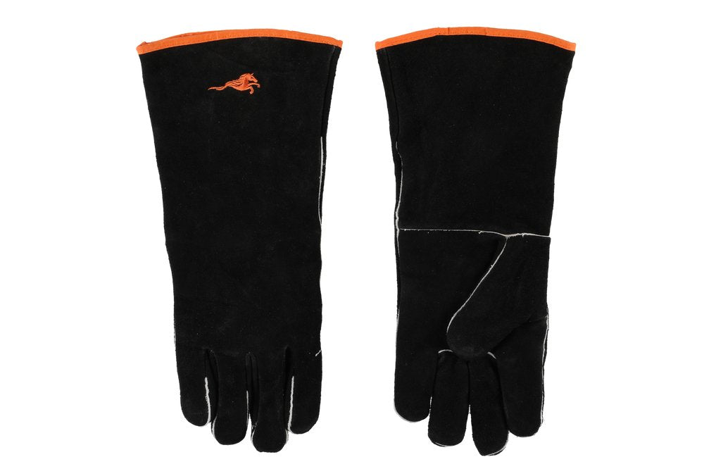 Mustang Leder-Grillhandschuhe 1 Paar –-Rückansicht auf weißem Hintergrund, schwarzes Echtleder, oranges Mustang Logo