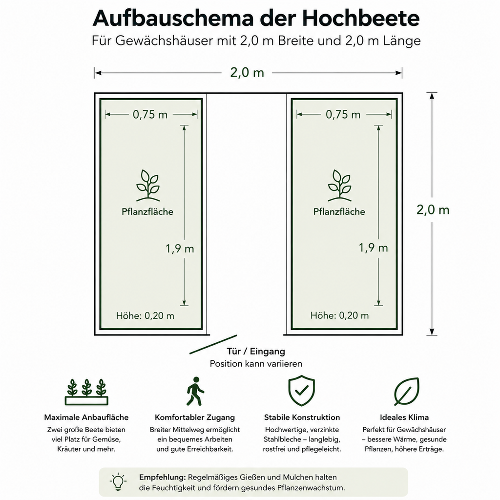 Aufbauschema Hochbeet-Set für Gewächshaus 2,0 m Breite – Maßplan mit Pflanzflächen