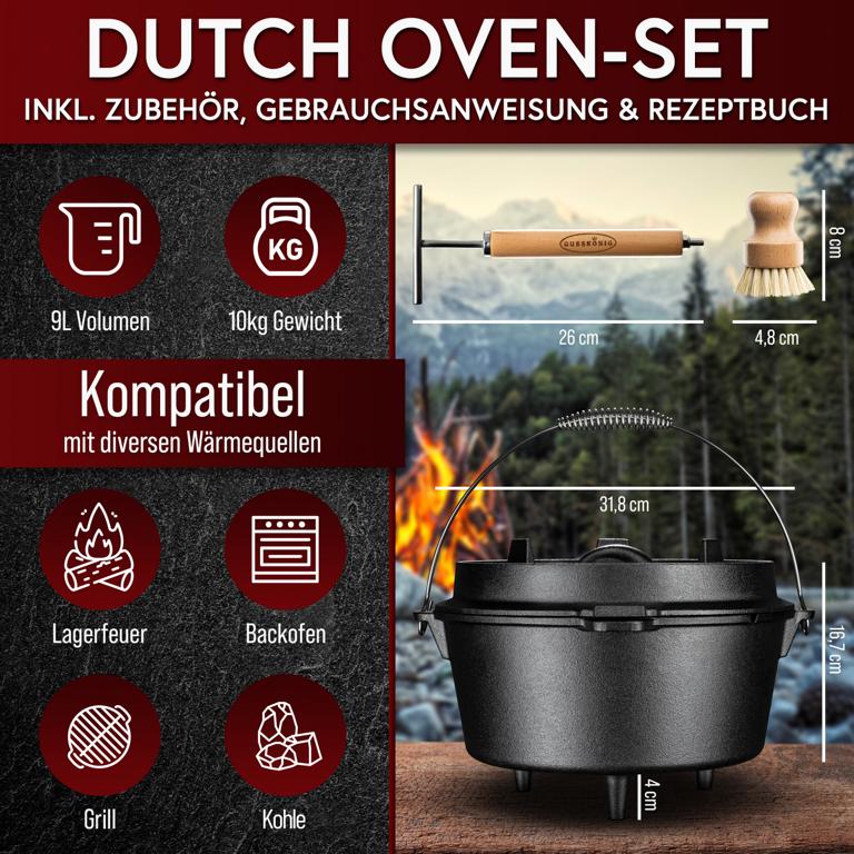 Gusskönig Dutch Oven mit Standfüßen - Set mit Deckelheber, Reinigungsbürste und Rezeptbuch