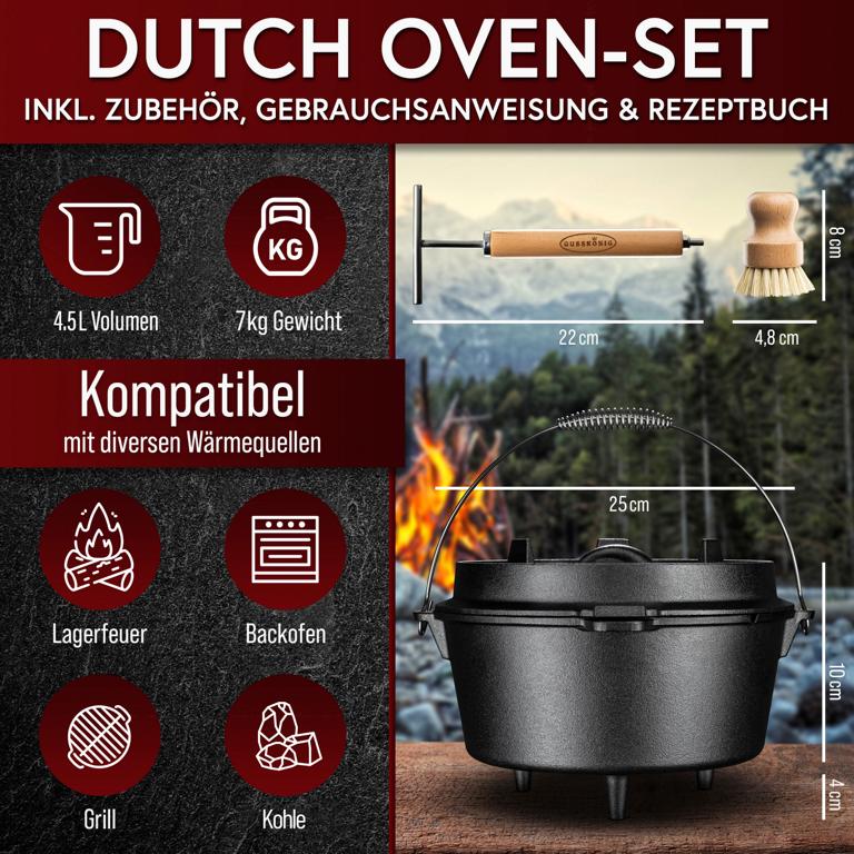 Gusskönig Dutch Oven mit Standfüßen - Innenansicht, gleichmäßige Wärmeverteilung, natürliche Antihaftoberfläche