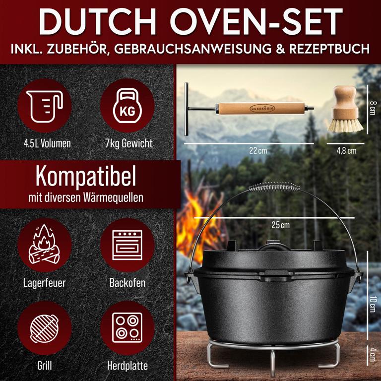 Gusskönig Dutch Oven 4,5 Liter Gusseisen - Ø 25 cm, 6 kg, für Grill, Herd und Camping