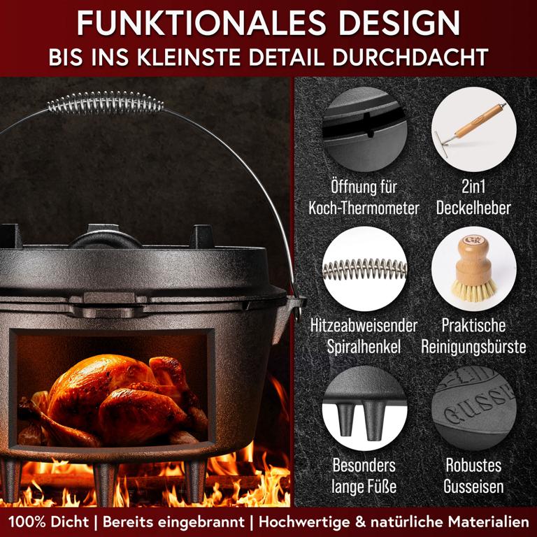 Gusskönig Dutch Oven 12 Liter mit Standfüßen - Ø 37 cm, 13 kg, für 8–10 Personen