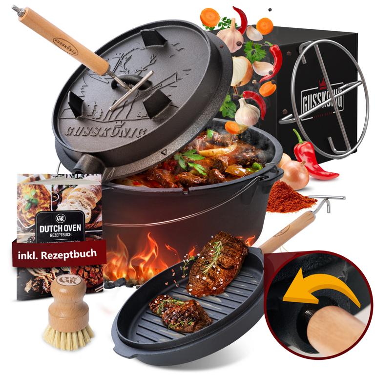 Gusskönig Dutch Oven Gusseisen - Set mit Deckelheber, Reinigungsbürste und Rezeptbuch