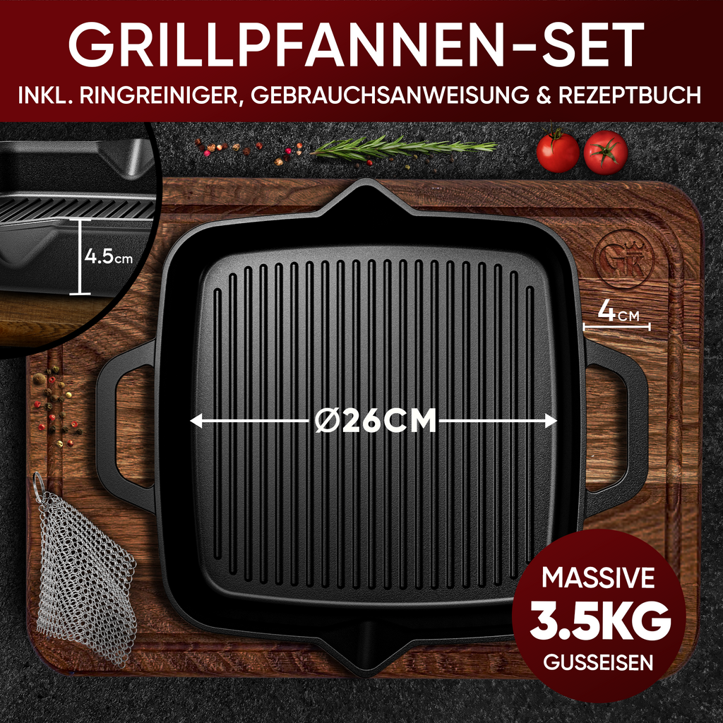 GUSSKÖNIG Gusseisenpfanne 26 cm eingebrannt - 3,5 kg, Höhe 4,5 cm, für Grill, Induktion und Backofen