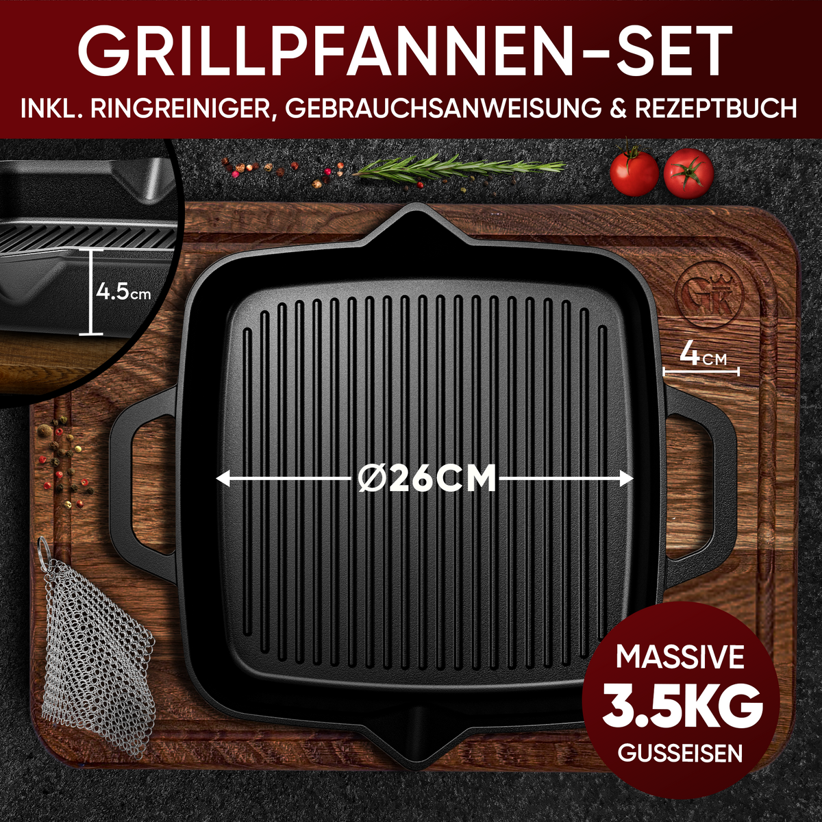 GUSSKÖNIG Gusseisenpfanne 26 cm eingebrannt - 3,5 kg, Höhe 4,5 cm, für Grill, Induktion und Backofen