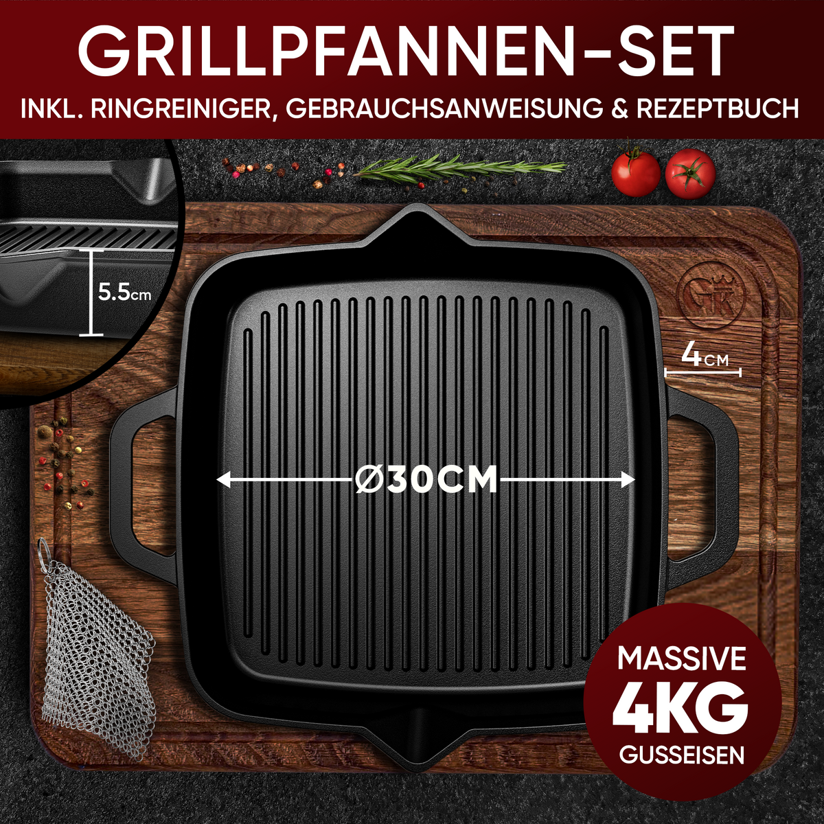 GUSSKÖNIG Gusseisenpfanne 30 cm eingebrannt - für Grill, Induktion und Backofen, sofort einsatzbereit