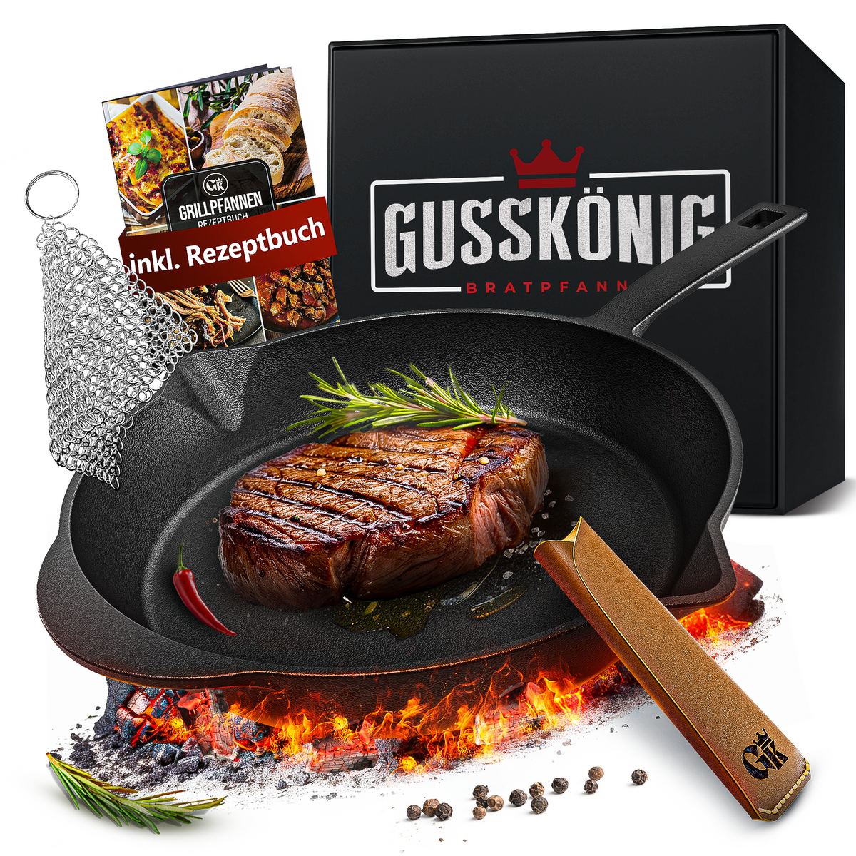Gusseisenpfanne 26 cm - eingebrannte Patina, für Grill, Induktion und Backofen, inkl. Griffschutz