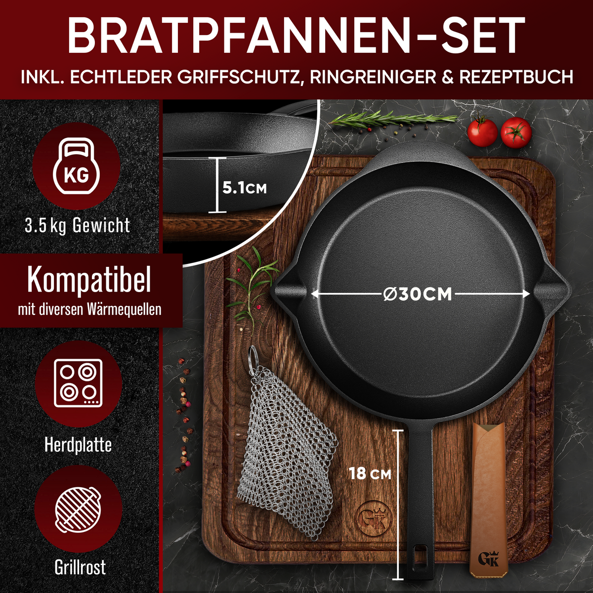 Gusseisenpfanne 30 cm - eingebrannte Patina, für Grill, Induktion und Backofen, inkl. Griffschutz