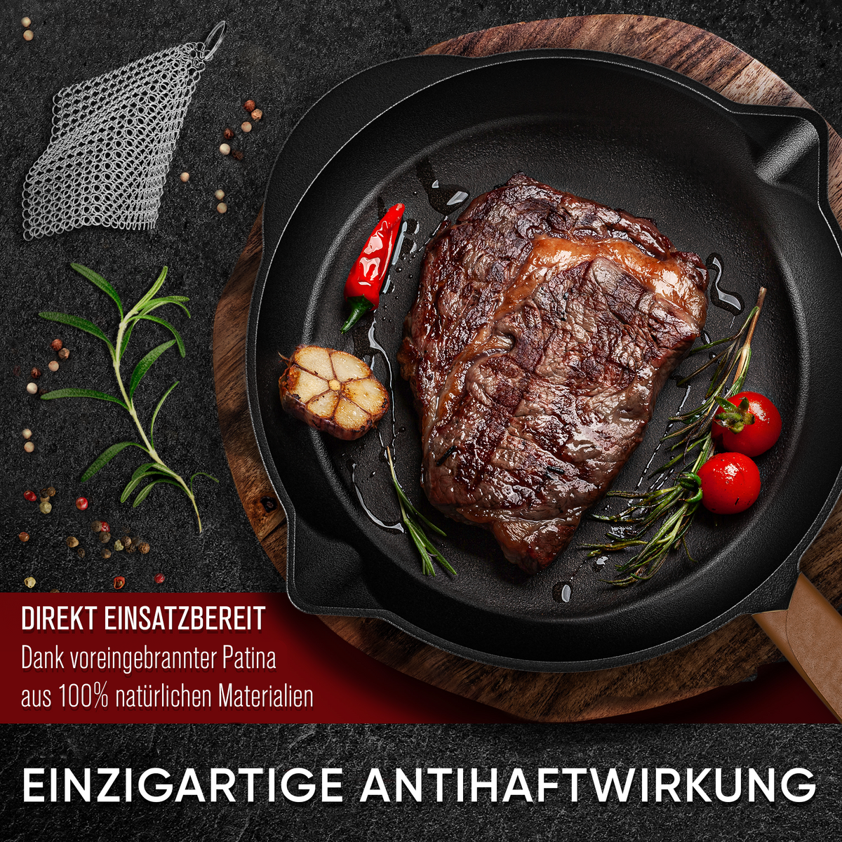 GUSSKÖNIG Gusseisenpfanne mit Echtleder-Griffschutz - sicherer Halt bei hoher Hitze auf Grill und Herd