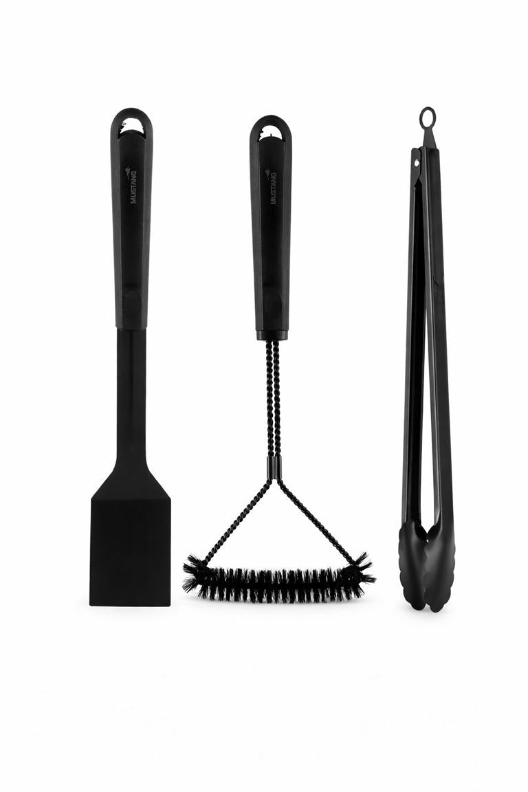 Mustang Grillbesteck Set 3-teilig schwarz - Edelstahl Grillzange, Grillwender und Grillbürste für BBQ