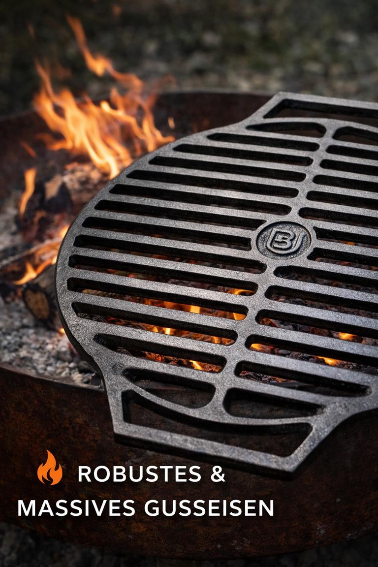 Gusseisen Grillrost Ø 44 cm auf offener Feuerstelle mit Flammen - robustes massives Gusseisen, Lifestyle-Aufnahme