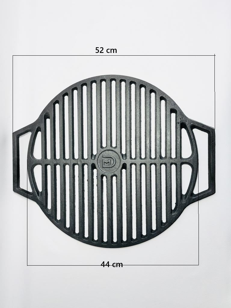 Gusseisen Grillrost Ø 44 cm mit Maßangaben - Durchmesser 44 cm, Gesamtbreite inkl. Griffe 52 cm, Daver Metall