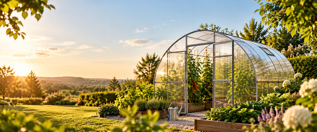 Gewächshaus aus Polycarbonat in einem sonnigen Garten mit Gemüsebeeten