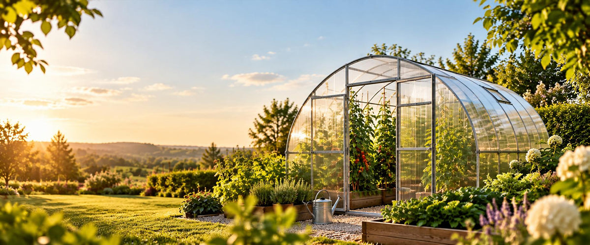 Gewächshaus aus Polycarbonat in einem sonnigen Garten mit Gemüsebeeten