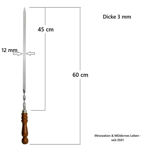 Edelstahlspieß 60 cm Maßzeichnung - 45 cm Nutzfläche, 12 mm Breite, 3 mm Stärke