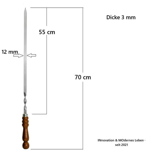 Edelstahlspieß 70 cm Maßzeichnung - 55 cm Nutzfläche, 12 mm Breite, 3 mm Stärke

