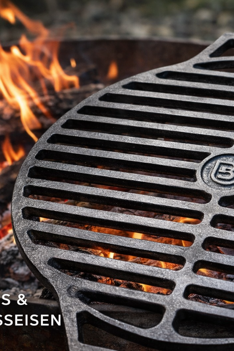 Nahaufnahme Gusseisen Grillrost Ø 44 cm - massive Gusseisenstäbe über glühender Holzkohle, Detailansicht