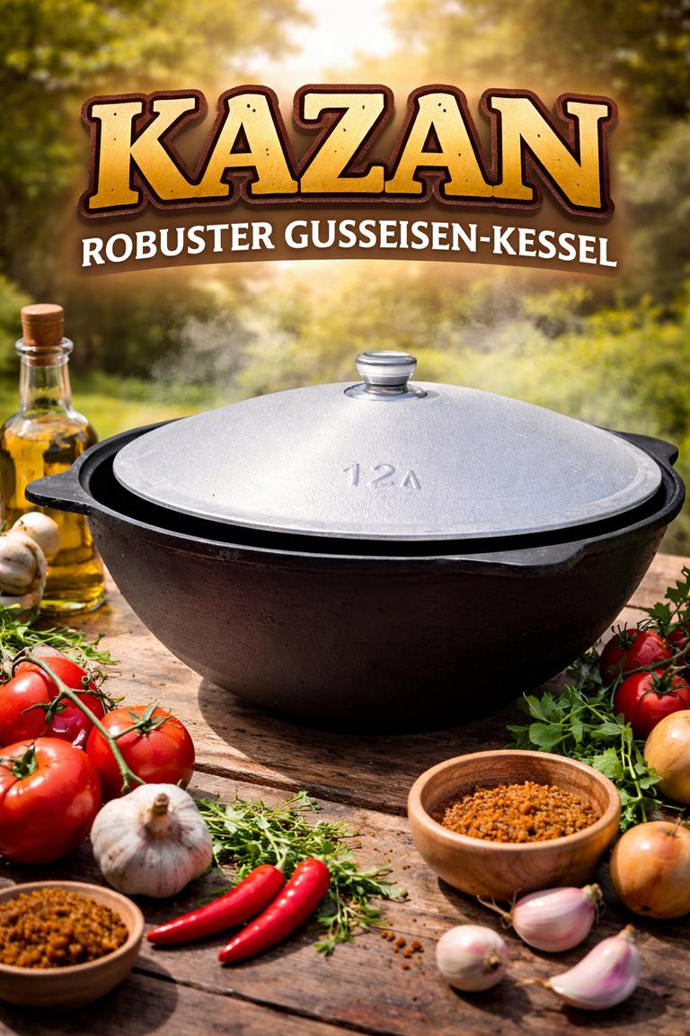 Gusseisen-Kazan mit flachem Boden, 10–30 Liter – stabil für Gasherd & Gaskocher