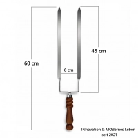 BBQ Doppelspieß Edelstahl - Grillspieß mit Holzgriff, 3 mm stark | kein Drehen