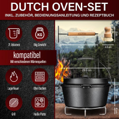 Dutch Oven 7l. mit Untersetzer – Gusseisen Topf für Küche, Grill und Camping, inkl. Deckelheber und Zubehör GK-012