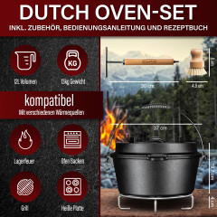 Dutch Oven 12l, mit Untersetzer – Gusseisen Topf für Küche, Grill und Camping, inkl. Deckelheber und Zubehör GK-016