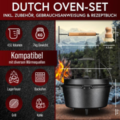 4,5 Liter Dutch Oven mit Standfüßen – Gusseisen Topf für BBQ und Camping, inkl. Zubehör. GK-001