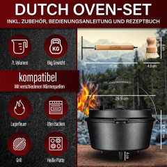 7 Liter Dutch Oven mit Standfüßen – Gusseisen Topf für BBQ und Camping, inkl. Deckelheber und Zubehör. GK-011