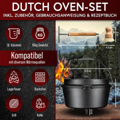 9 Liter Dutch Oven mit Standfüßen – Gusseisen Topf für BBQ und Camping, inkl. Deckelheber und Zubehör. GK-003