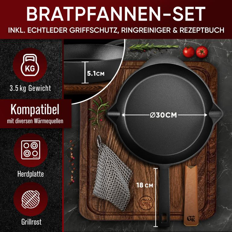 Eingebrannte Gusseisen-Pfanne mit Echtleder Griffschutz