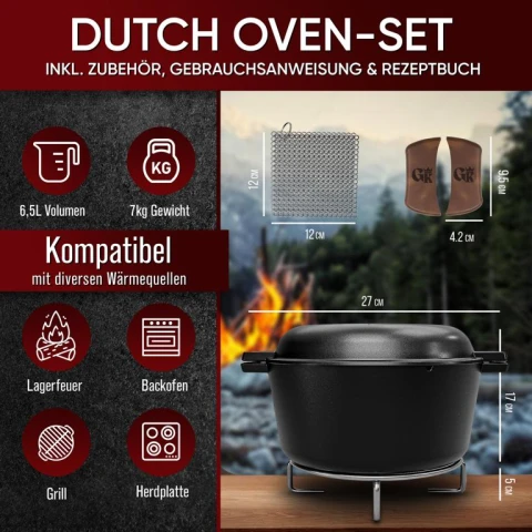 GUSSKÖNIG Dutch Oven 2-in-1 - Eingebrannter Gusseisentopf & Pfanne
