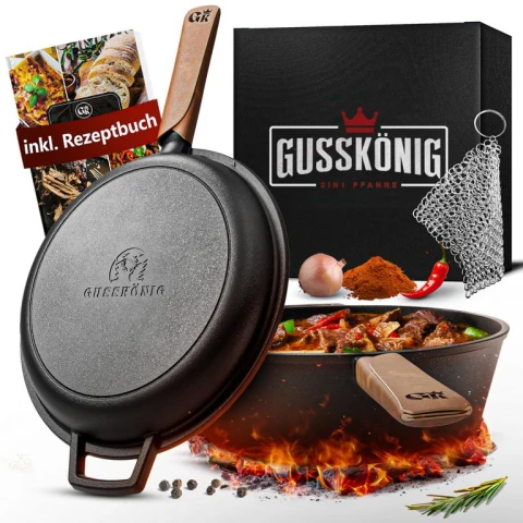 GUSSKÖNIG Doppelpfanne 4,5 L - 2-in-1 Gusseisen Schmortopf & Pfanne, eingebrannt