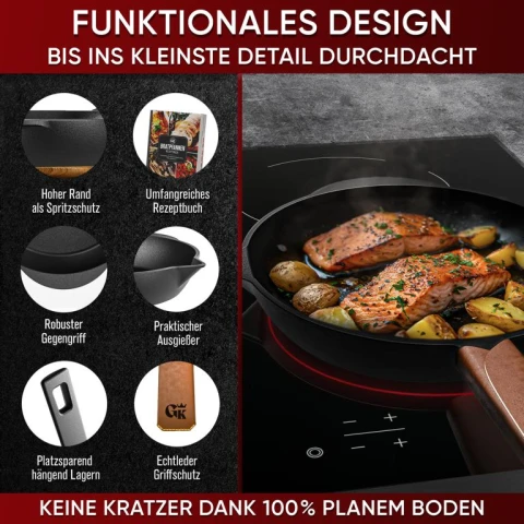 GUSSKÖNIG Dutch Oven Set 8-teilig - Eingebranntes Gusseisen-Kochset mit Holzkiste.