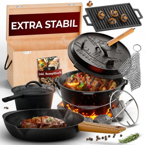 GUSSKÖNIG Dutch Oven Set 10-teilig - Gusseisen Kochset mit Holzkiste.