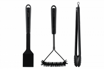 Grillbesteck Set - Edelstahl 3-teilig - BBQ Grillzubehör - BBQ Bürste - Schwarz