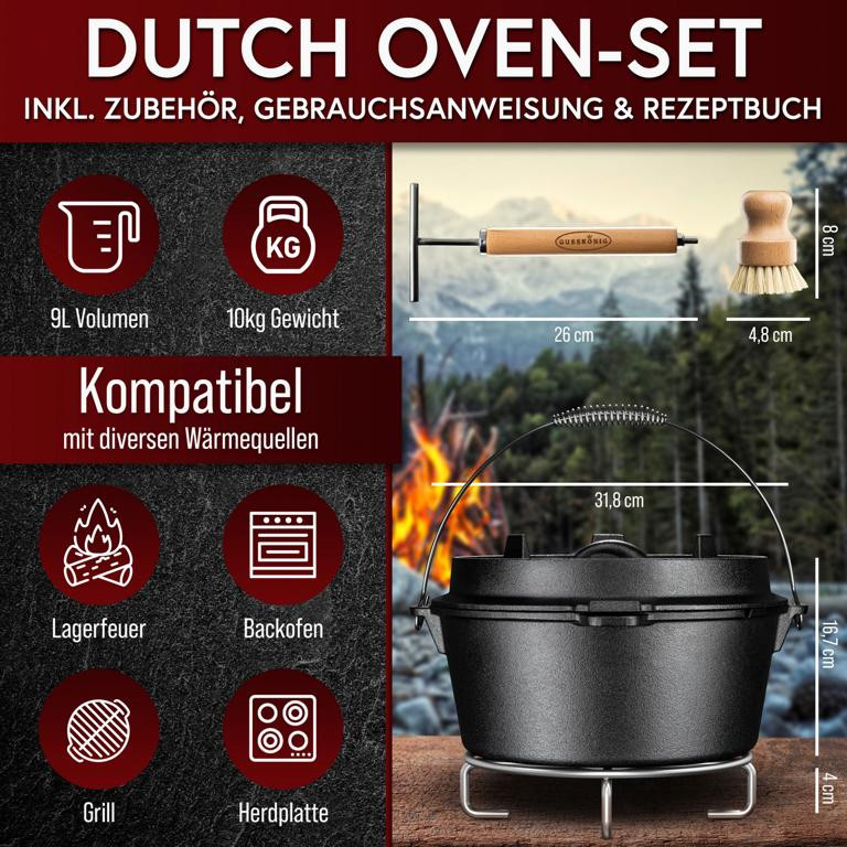 Gusskönig - Dutch Oven mit Edelstahl-Untersetzer ohne Standfüße Inhalt 9 Liter