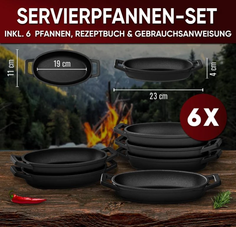 Gusskönig Gusseisen Mini Servierpfannen Set (Oval) - 6 Pfannen mit kleinen Griffen
